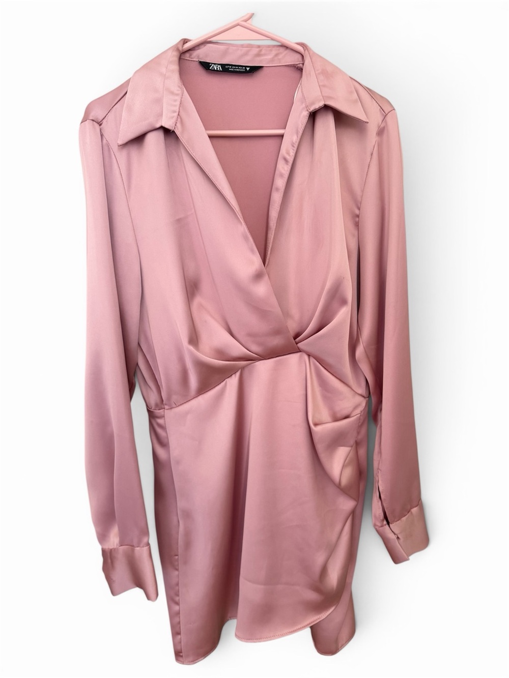 Zara Dusty Pink Satin Long-Sleeve Twist-Front Dress- Used once